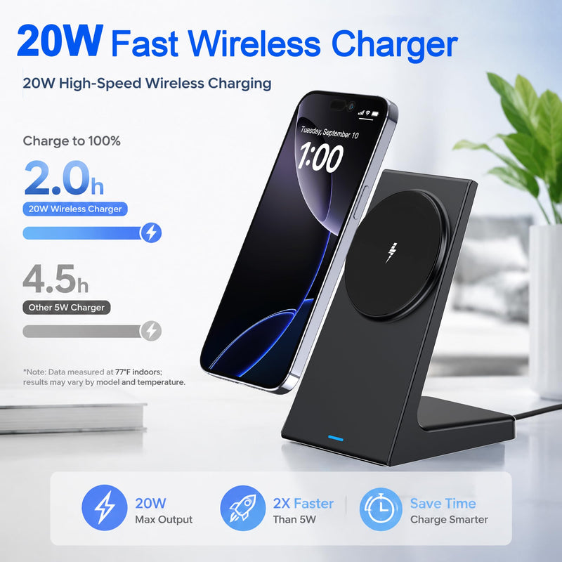 20W Wireless Charger for Apple Devices,Magnetic Charger for iPhone12-17 | 25W PD3.0 Adapter Wireless Charger Stand for Travel, Bedside,Desk, and Nightstand Black