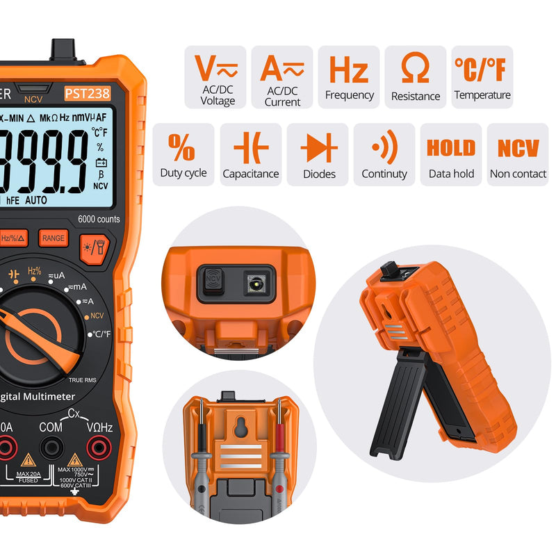Proster Digital Multimeter 6000 Count - TRMS Voltmeter Multimetro Digital Auto Range Multimeter Tester, NCV Detector DC AC Voltage Current Meter Updated 6000 Count