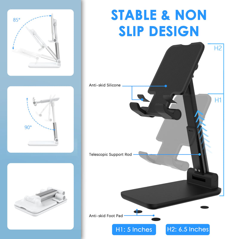 2 Pack Cell Phone Stand for Desk, Adjustable Angle & Height, Foldable Portable Phone Holder with Anti-Slip Silicone Pad, Compatible with iPhone 17/16/15/14/Smartphones 4–8 Inch, Black&White