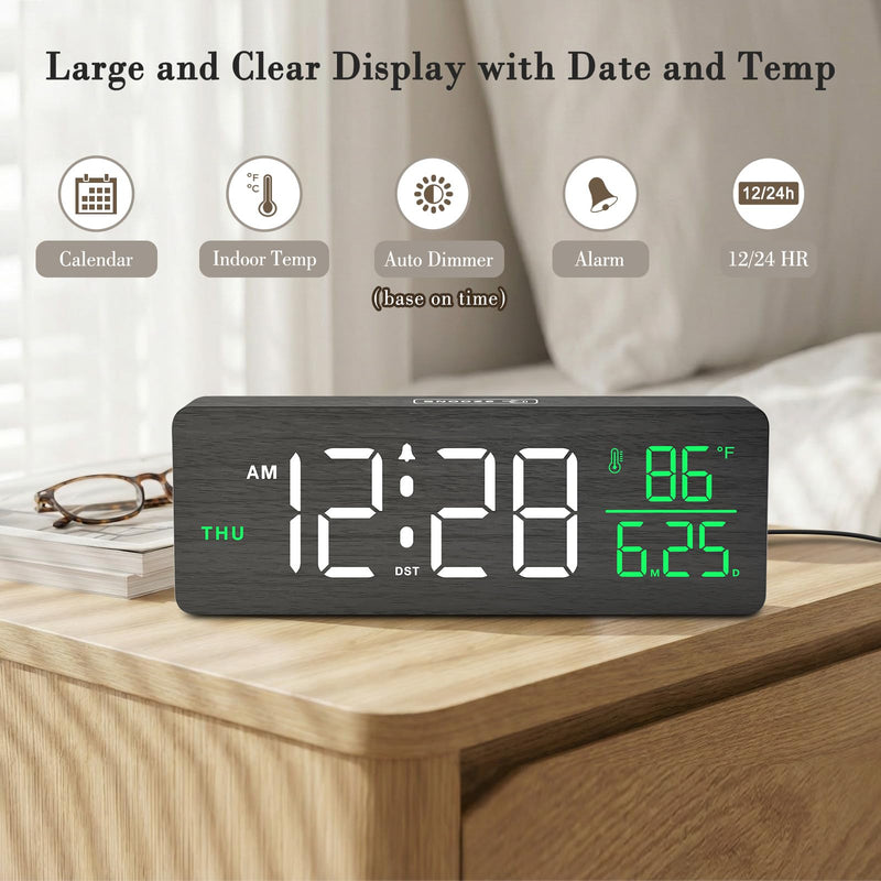 DreamSky Wooden Digital Alarm Clocks for Bedrooms – Large Display Desk Clock with Date & Day of Week for Living Room, Temperature, Dimmer, Adjustable Volume, Auto DST, Office Wood Décor (Plug-in) Black-white-green (Plug-in)
