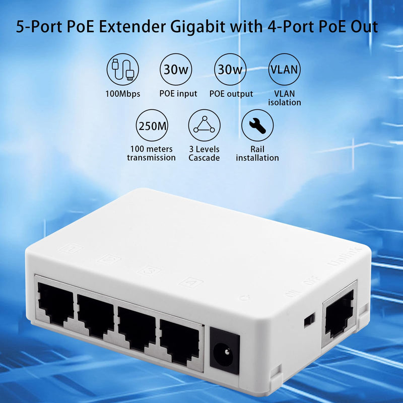 5 Port Gigabit POE Extender Outdoor 10/100/1000Mbps, 1 in 4 Out 70W POE Ethernet Repeater, IEEE 802.3af/at Compliant, Waterproof Extend 100m(328ft) for Security Systems IP Camera,VoIP Phone Gigabit POE Extender 4 Port