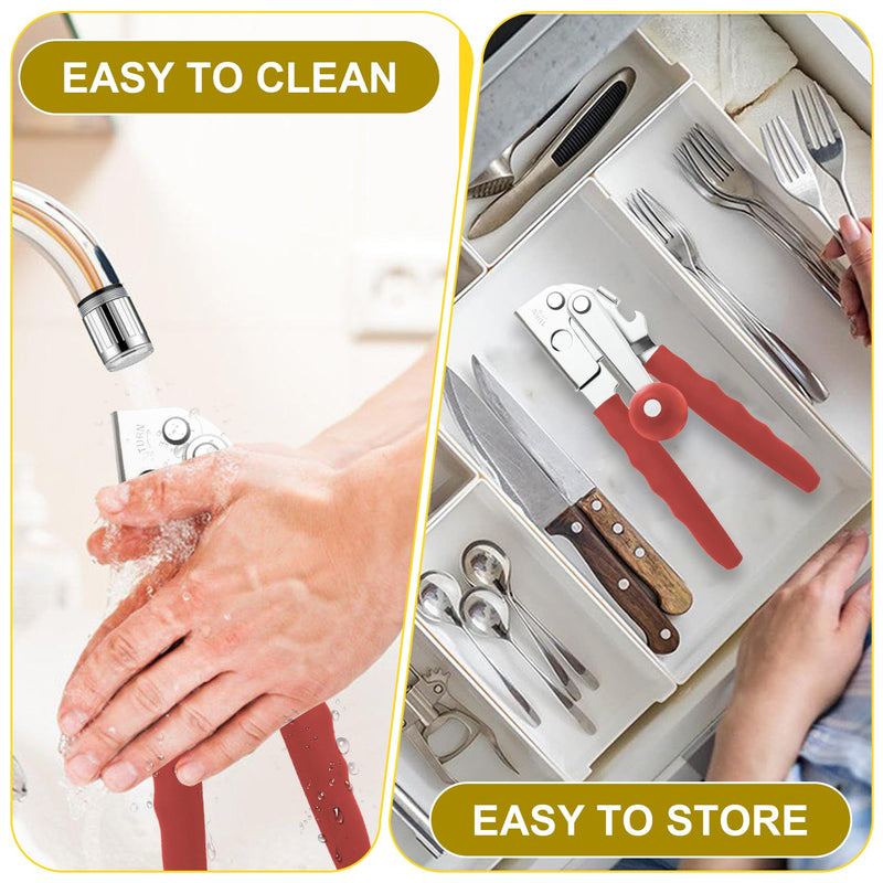 Commercial Can Opener, Stainless Steel Heavy Duty Manual Hand Crank Can Opener, with Comfortable Ergonomic Design Extra-long Handles, Large Handheld Smooth Can Open Easy for Big Cans, Red
