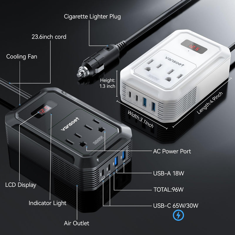200W Car Power Inverter DC 12V to 110V AC Inverter with PD 65W/30W USB C & 2 QC 18W USB Ports & 2 AC Outlets,Car Pluɡ Adapter Outlet for Laptop/Phone/Road Trip Black