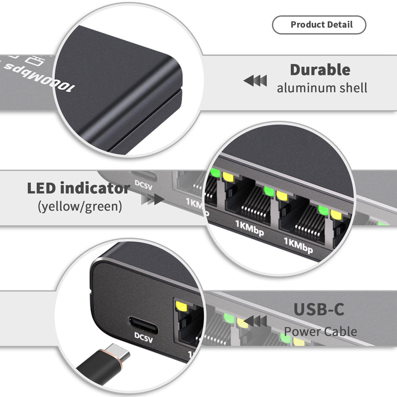 Gigabit Ethernet Splitter 1 to 4 - 1000Mbps RJ45 Port Router Switch with USB-C Power, Plug & Play 1-in-4-Out LAN Adapter for Cat5/5e/6/7/8 Cables, High Speed Network Switch for Desktop Printer Camera