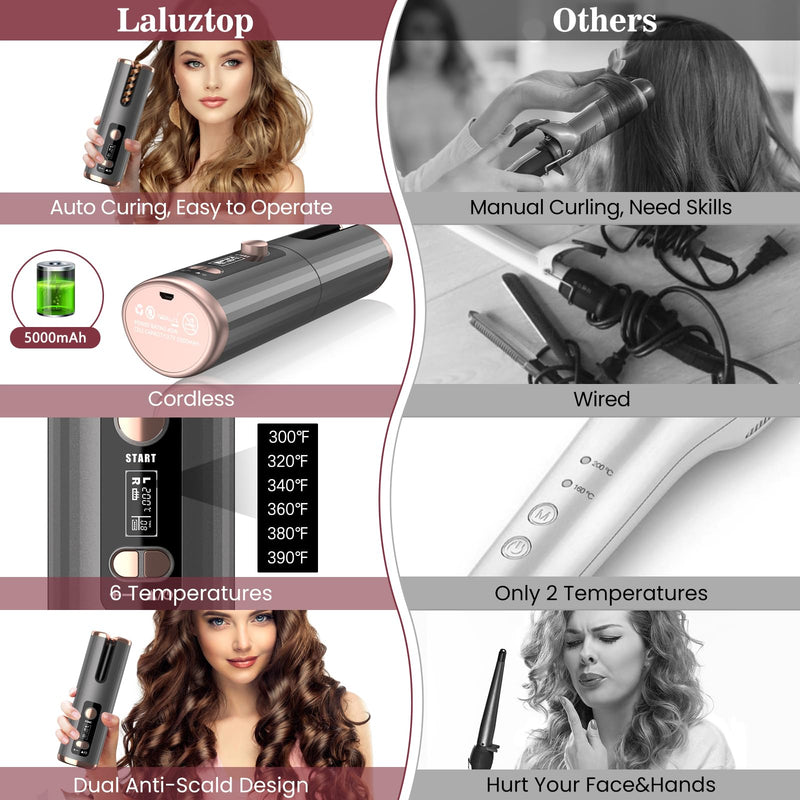Cordless Hair Curler, Automatic Curling Iron Ceramic Rotating Hair Curler 6 Temperatures & Timer Settings 5000mAh Rechargeable Hair Curling Iron Wand for Curls Waves Anywhere (Bla) Bla