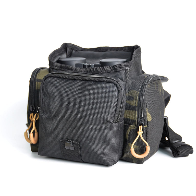 Binocular Chest Pack Camo Hunting Harness with Rangefinder Pouch | Water-resistant camo binocular pack with breathable X-back straps, storage pockets and quick access for hunting & birding
