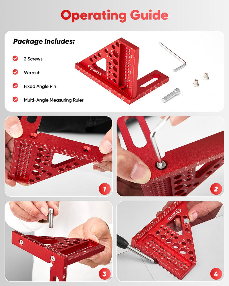 Saker 3D Multi-Angle Measuring Square Ruler, Aluminum Alloy Carpenter Square, 0-90° Precision Hole Scribing Ruler with Angle Pin for Woodworking, Engineering, and Construction Projects 4.4inch
