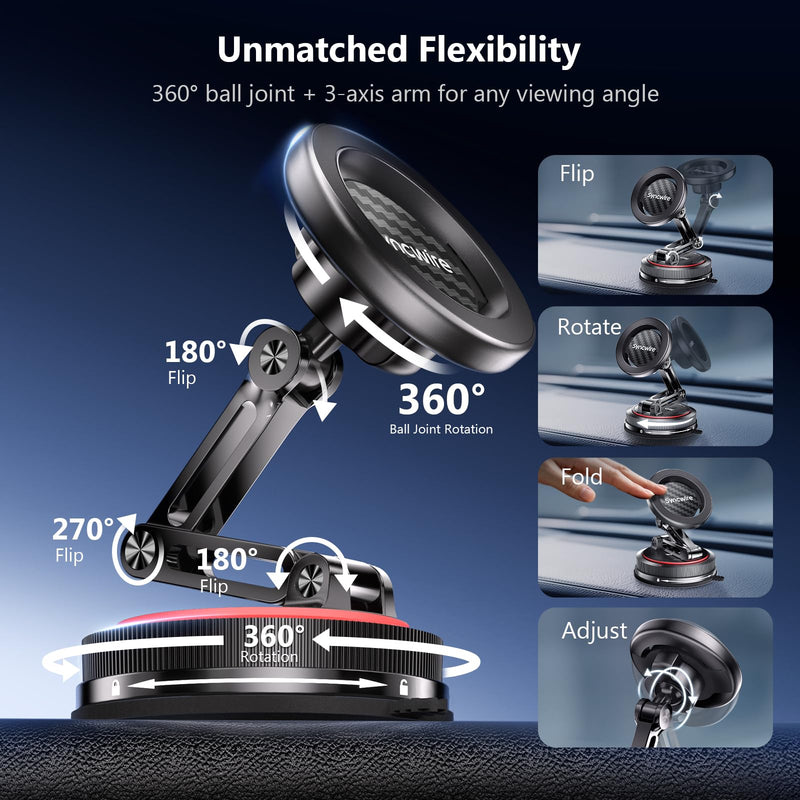 SYNCWIRE for MagSafe Car Mount [3-Axis Design] Strong Suction Cup Magnetic Phone Holder, 360° Rotation, Compatible with iPhone 17 Pro Max 16 15 14 13 12, Samsung, Carbon Fiber Head, Gloss Black Arm 3-Axis | Carbon Fiber