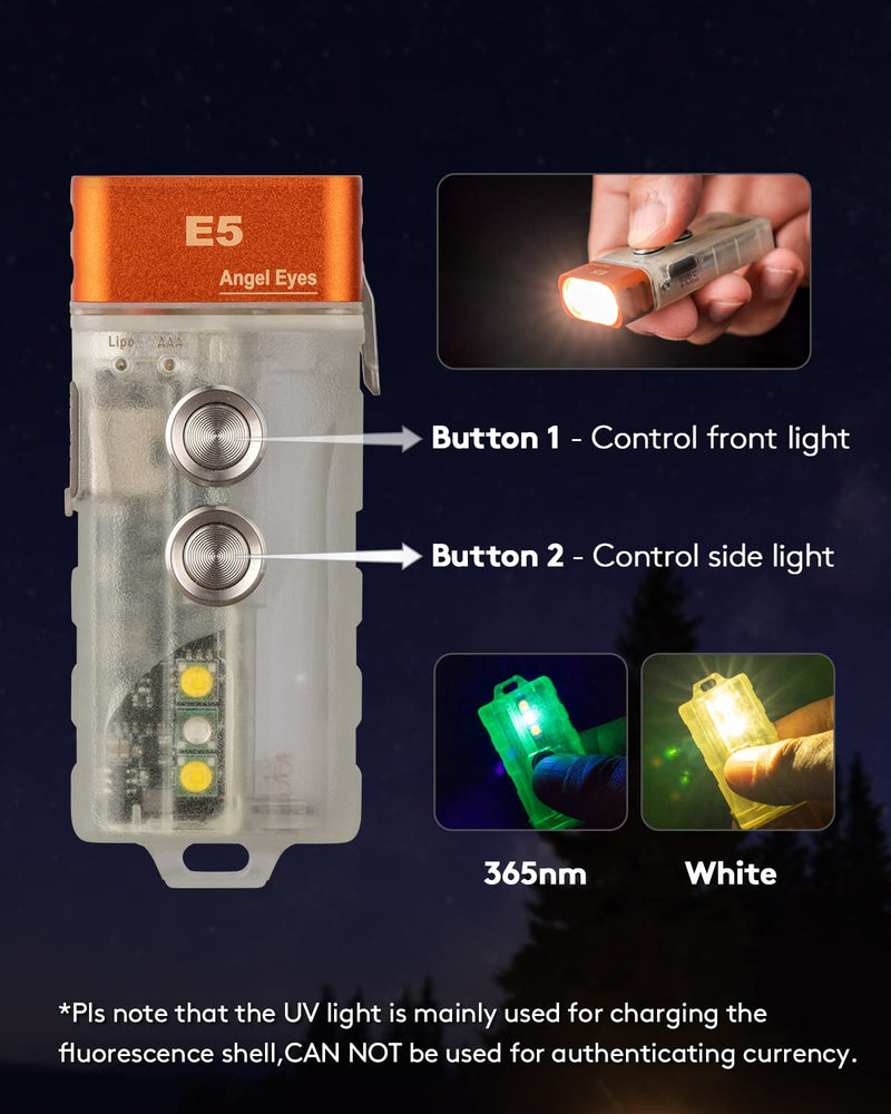 RovyVon Angel Eyes E5 GITD Keychain Flashlight, EDC Flashlight with 700 Lumens Primary Light and Practical Auxiliary Lights, Powered by AAA Battery or Built-in Battery E5(Sidelight: White+UV+White)