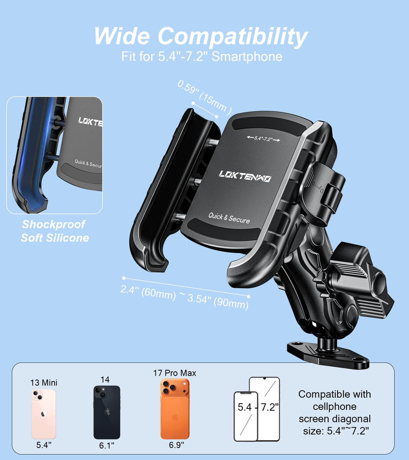 LOKTENWO Phone Mount Holder with Vibration Dampener, Quick Lock Shockproof | No Block Camera Phone Holder, Aluminum AMPS Diamond Base for Car UTV Truck Boat, Fits 5.4"-7.2" Phones