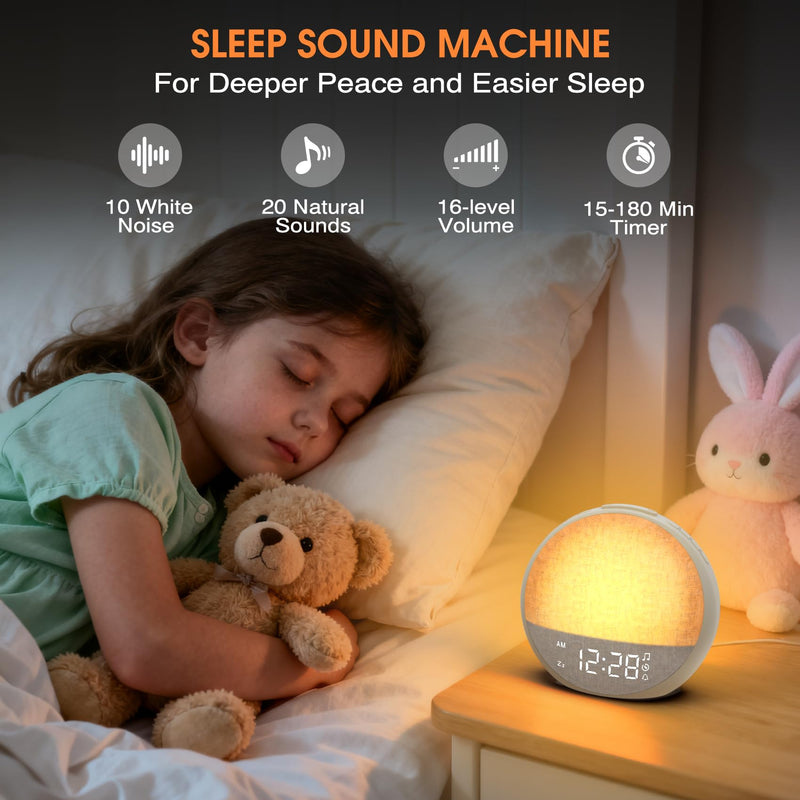 Sunrise Alarm Clock, White Noise Sound Machine with 30 Soothing Sounds, Dimmable Night Light, Natural Sunlight Lamp Gentle Wake Up Light for Bedrooms, Kids, Heavy Sleepers Adults, Baby, Ideal for Gift Putty