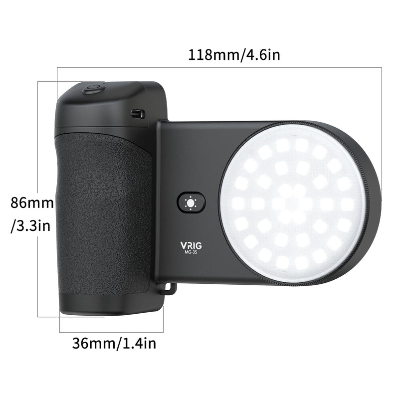 VRIG MG-35 Magnetic Phone Camera Grip for iPhone/Android with Detachable Wireless Shutter Remote,Three-Gear Adjustable Fill Light, 1/4" Tripod Screw - Comfort Ergonomic Camera Grip Handle Holder MG-35 Grip