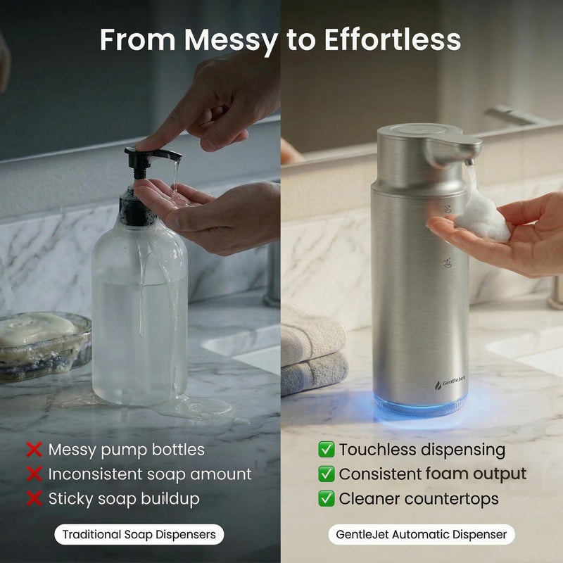 CrystalJet Automatic Foam Soap Dispenser – Stainless Steel, Touchless Sensor, USB-C Rechargeable, Waterproof, Modern Bathroom & Kitchen Sink, 300 ml Silver