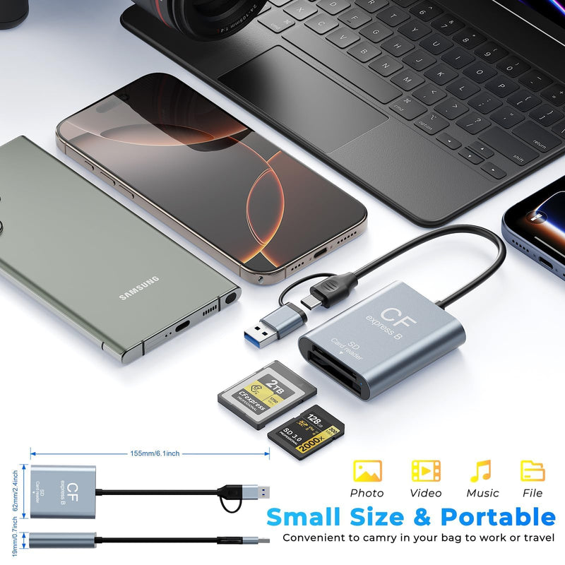 2-in-1 CFexpress Type B & SD Card Reader USB3.2 Gen2 10Gbps,Aluminum USB-C + USB-A CFexpress Type B Memory Card Reader,CF Express Type B Card Reader SD Reader for PC Windows,Mac,Google,Photographers