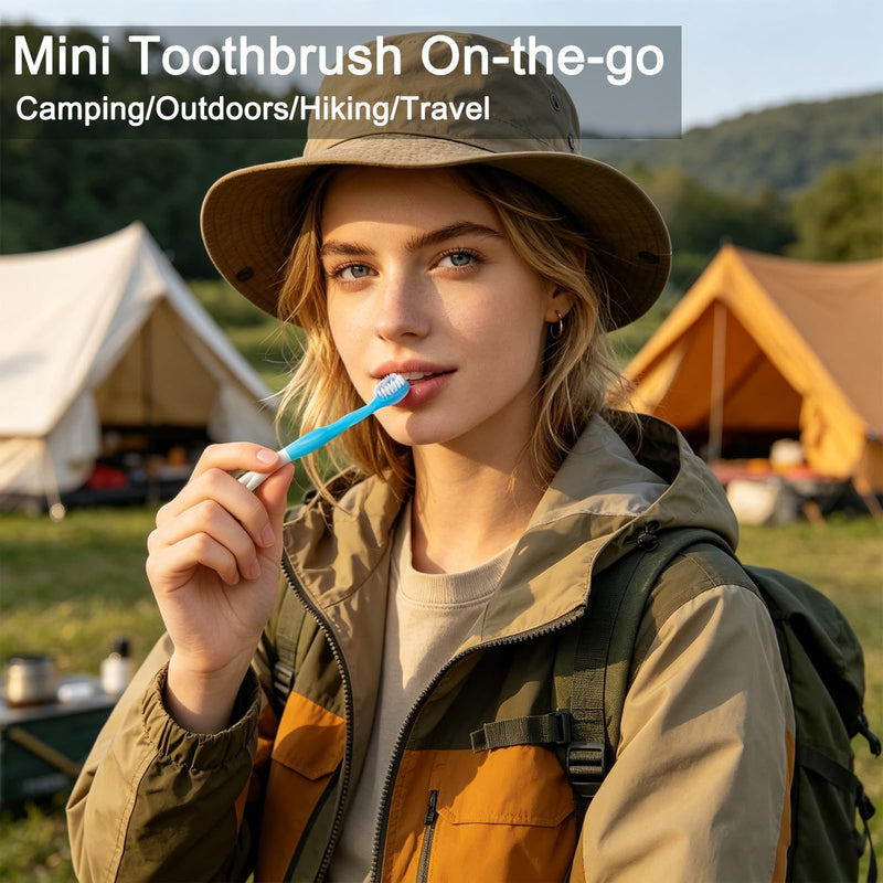 JASUNLEE 70Pack Mini Disposable Toothbrushes 5-in-1 PrePasted Travel Toothbrush with Toothpaste Flosser Pick Tongue Scraper, Individually Wrapped Box, Carry On Essentials for Airplane Camping 70