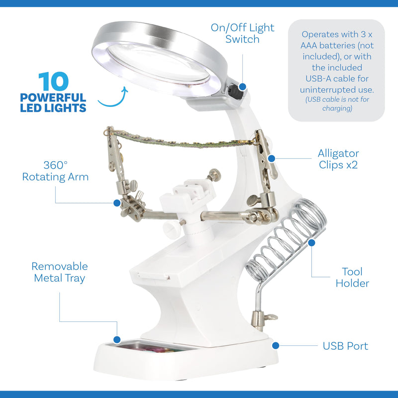 The Beadsmith Third Hand Magnifier – 3.0X Lens w/ 4.5X Inset Lens, 10 LED Lights, Fully Adjustable, Includes Alligator Clips, Tool Holder, & Removable Metal Tray