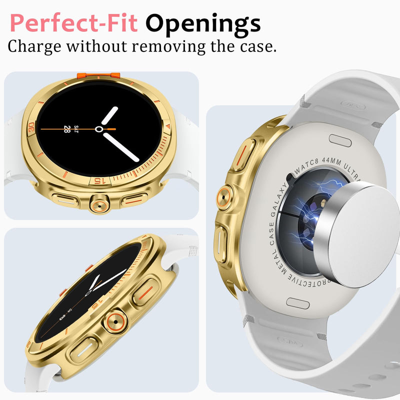 Amizee Rugged Metal Case for Galaxy Watch 9/8 44mm, Gold/Orange | Case Compatible with Samsung Galaxy Watch 44mm with Back Cover, Protective Bumper Cover for Watch 9/8