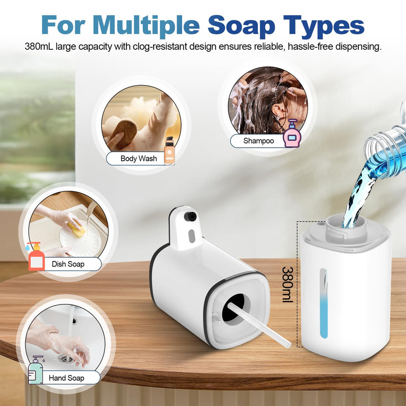 Automatic Liquid Soap Dispenser, 9 Adjustable Levels, 380ml/12.8oz, Touchless Hand Soap or Dish Soap Dispenser,IR Sensor & Display,Wall-Mount or Tabletop Use for Bathroom Kitchen White Gel