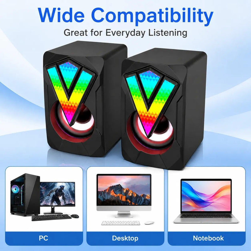 RGB LED Gaming Computer Speakers, 2.0 Channel Stereo Desktop Speakers, USB Wired Multimedia Audio with Colorful Lights for Laptop PC Game Setup Home Office