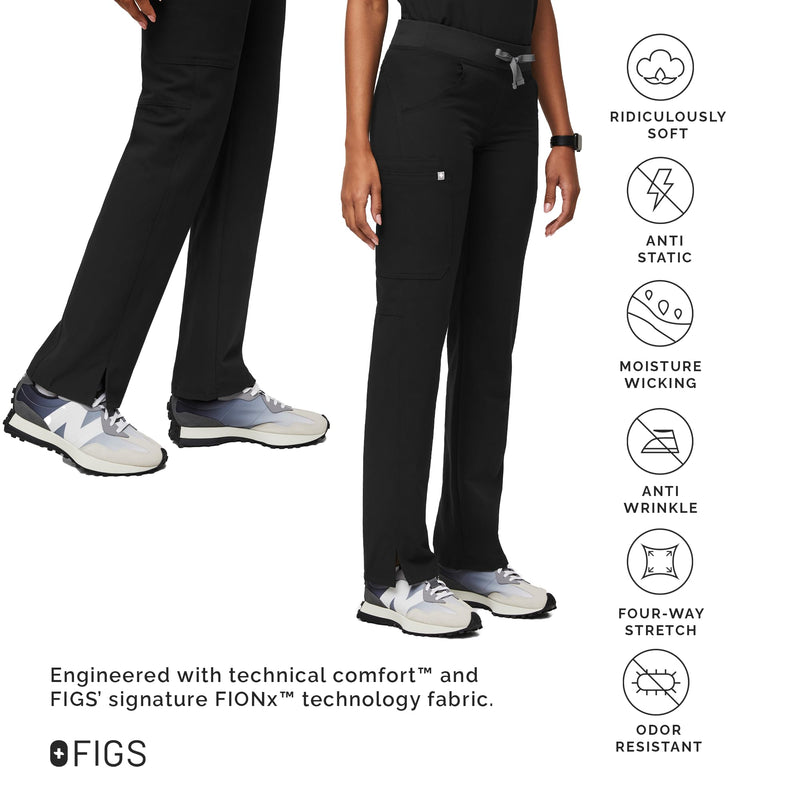 FIGS Kade Cargo Scrub Pants for Women — Classic Fit, Straight Leg, 4 Pockets, Yoga Waistband, Anti-Wrinkle Regular Small Black