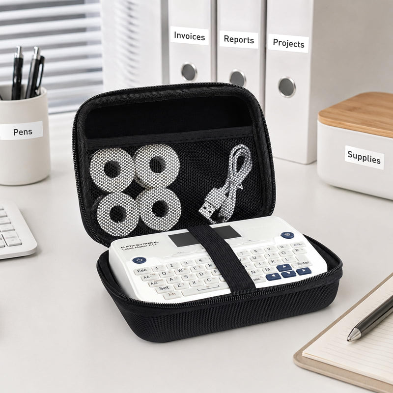 SUPVAN E12 Label Maker Genuine Portable Storage Case, Black | Waterproof, Shockproof & Scratch Resistant, for E12 Label Maker & Tapes, Elastic Band & Mesh Pocket for Organized Storage