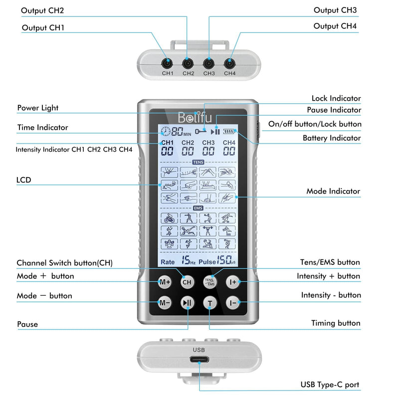Belifu 4 Channel TENS EMS Unit – 24 Massage Modes & 30 Intensity Levels, Rechargeable Electric Pulse Muscle Stimulator with 10 Pads & 5 Lead Wires for Pain Relief & Therapy, Color Silver