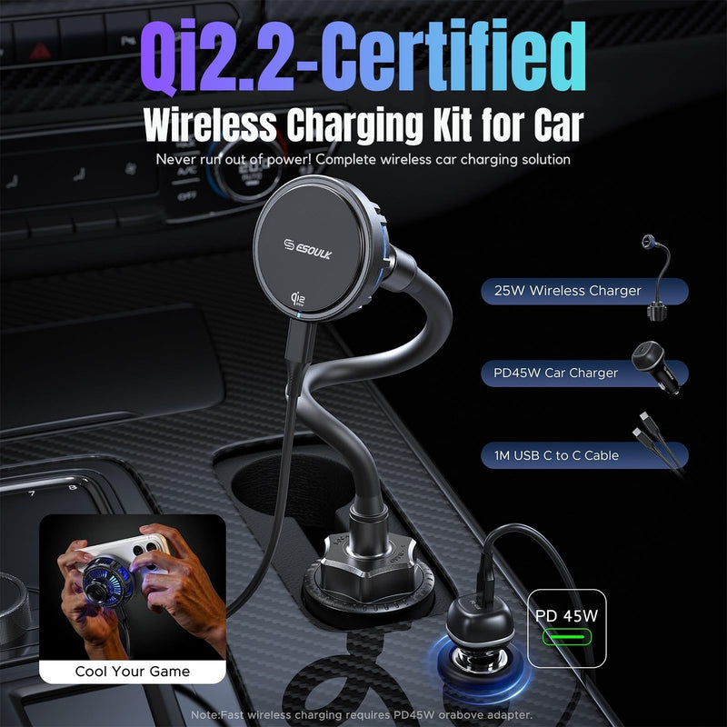 Qi2 25W Cooling Wireless Charger 15 Inch Cup Holder Phone Mount | 25W Fast Wireless Charging, 15" Gooseneck Cup Holder Mount, Cooling Fan, Stable Base, 45W Car Adapter Included