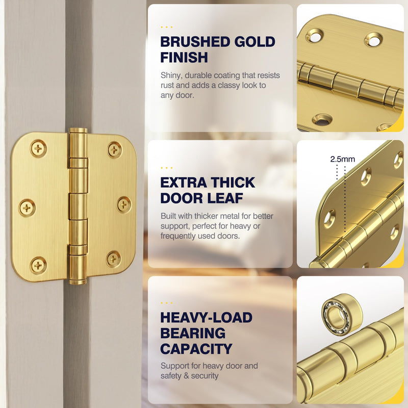 KOLET Ball Bearing Gold Door Hinges, 3.5 Inches Brushed Gold Door Hinges, 5/8'' Radius Corner Heavy Duty Stainless Steel Hinges, Smooth and Quiet, Non Removable Pin, Brushed Gold, 3 Pack