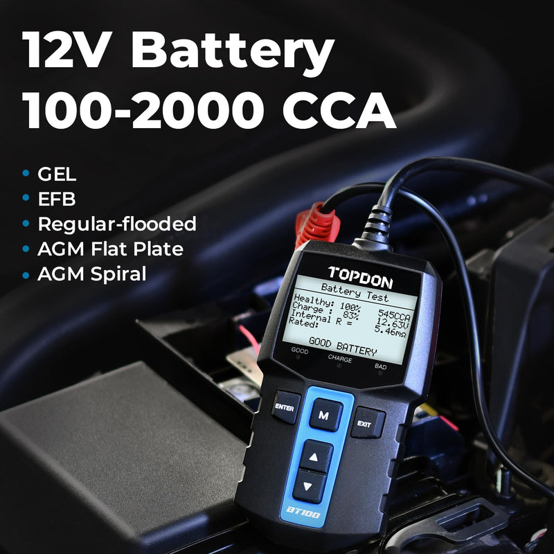  [AUSTRALIA] - TOPDON BT100 Car Battery Tester 12V Load Tester, 100-2000 CCA Automotive Alternator Tester Digital Auto Battery Analyzer Charging Cranking System Tester for Car Truck Motorcycle ATV SUV Boat Yacht