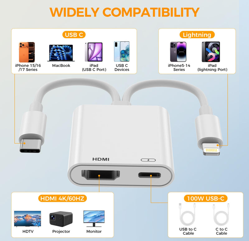 USB-C and Lightning to HDMI Adapter, 4K 60Hz, MFi, 100W Charging | Digital AV Adapter for iPhone and iPad to TV, Projector, or Monitor with Stable 4K Screen Sync and Charging Support
