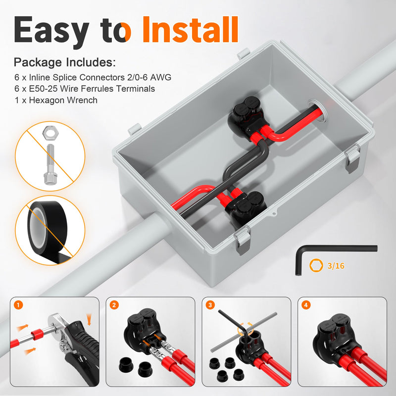 Joinfworld 2 Port Insulated Multi Tap Connector 2/0-6 Gauge Wire Connectors Aluminum to Copper Wire Connectors Single Side Entry Black Electrical Cable Connectors with Slotted Allen Hex - 6 Pack 2/0-6 AWG(6pcs)