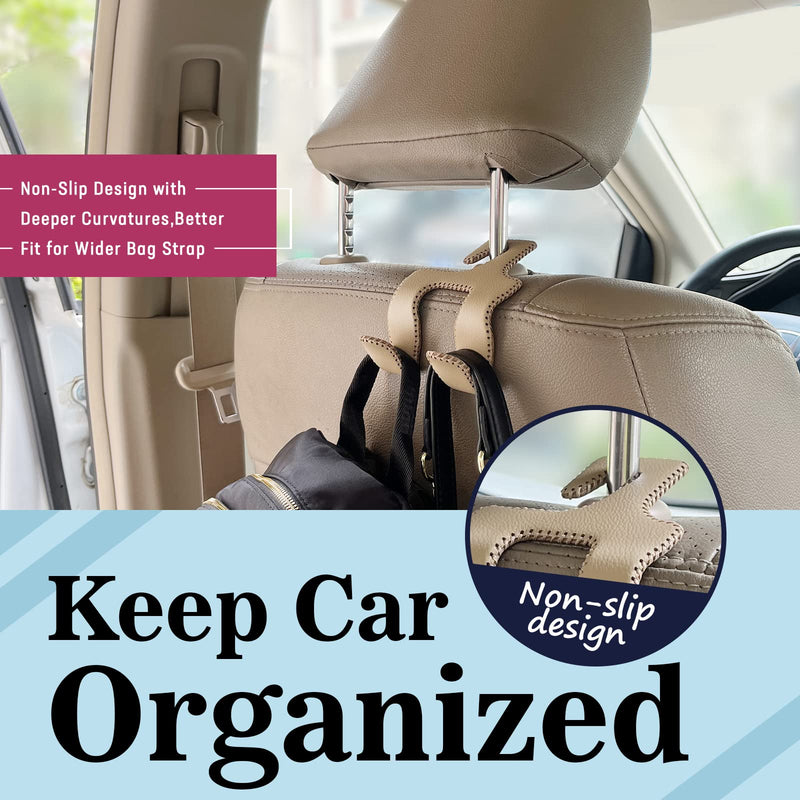 Upgraded Headrest Hooks for Car, 2 in 1 Back Seat Purse Holder Hook Genuine Leather Head Rest Hangers Vehicle Organizer Accessories for Hanging Grocery Bags, 1 Pack, Beige Style B - Beige 1 Pack