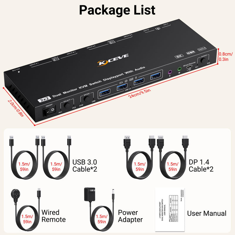 KVM/USB Mode KVM Switch 2 Monitors 2 Computers with Audio, ANXQQ 8K@30Hz 4K@144Hz USB 3.0 Dual Monitor KVM Switch Displayport, Share 4 USB Devices with Wired Control and Power Adapter 2 Computers 2 Monitor DP