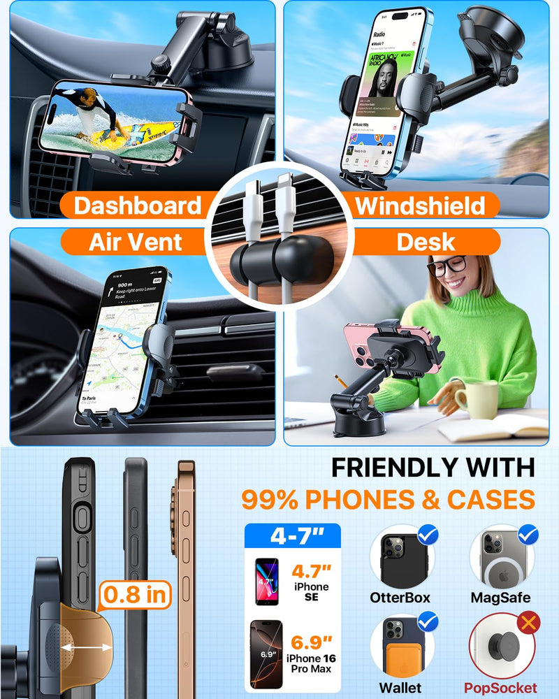2026 Ultimate Best【True Military-Grade & Safety Cert】 Car Phone Holder | 【Upgraded 360 Rotation & 100LBS Strongest Suction】5-in-1 Truck Windshield Dashboard Vent Mount Stand for iPhone Android, Pink