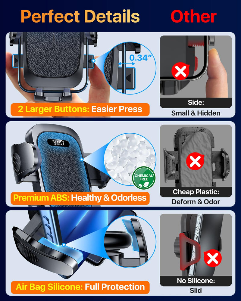 [True Upgrade for Safety] YRU Car Phone Holder Mount [Patent & Military-Grade] Dashboard Cell Phone Holder for Car Vent Windshield Phone Stand for iPhone17 16 15 14 13Pro Max Truck Samsung, Dark Black