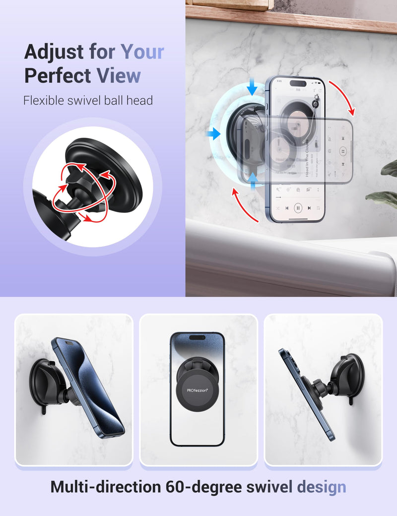 PROfezzion Multi-Surface Suction Mount Compatible with MagSafe iPhone 15 14 13 12 & All Phones, Detachable Hands-Free Phone Holder for Mirror, Glass, Bathroom, Kitchen, Selfies, Videos & More - White