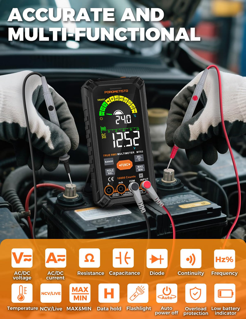 Smart Digital Multimeter Auto-Ranging,10000 Counts True-RMS | POROMETISTO Rechargeable Voltmeter Multimeter with NCV & Capacitance Check,Dual Fuse Electric Tester for HVAC & Automotive MT03