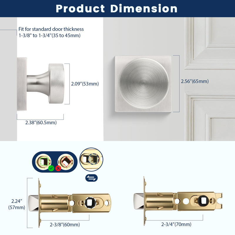 Orger Brushed Nickel Privacy Door Knobs Interior, Zinc Alloy Keyless Stain Nickle Door Knobs with Lock for Bedroom and Bathroom, Knurled Heavy Duty Silver Square Base Modern Doorknobs, 1 Pack