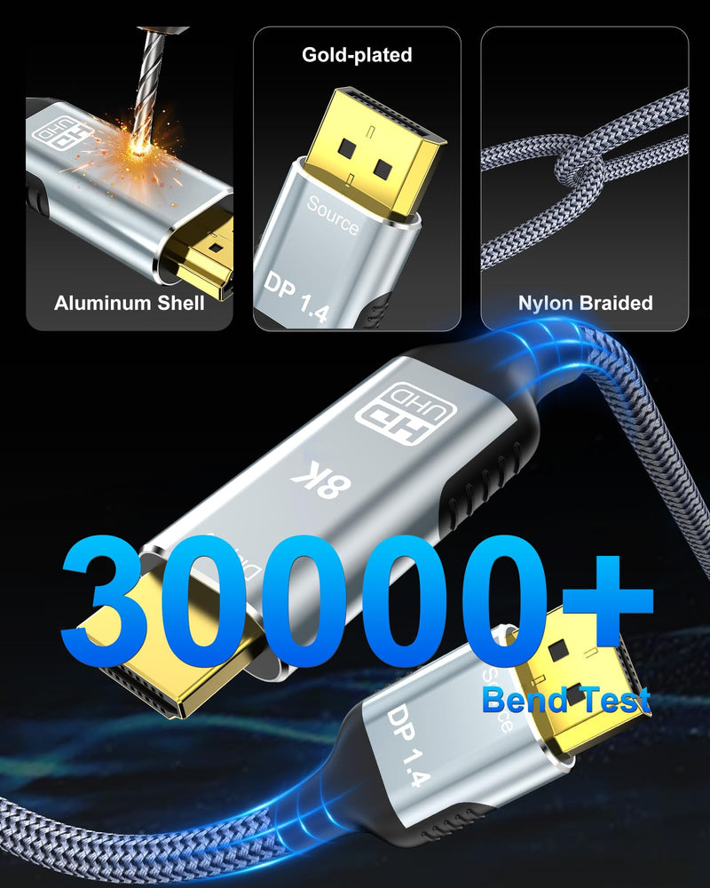 8K DisplayPort to HDMI 2.1 Cable 6FT, 8K@60Hz, 4K@240Hz, Unidirectional Display Port 1.4 Source to HDMI 2.1 Display, DP to HDMI Braided Cord for Dell, NVIDIA, AMD, Monitor, Projector