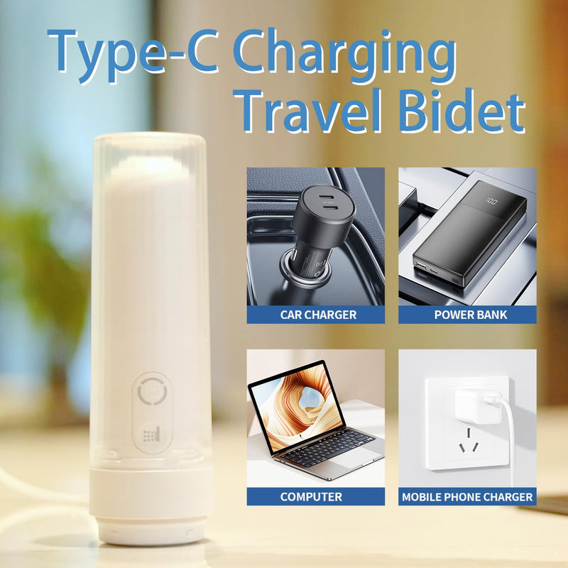 Portable Bidet for Travel Electric Bidet with USB-C Rechargeable Handheld Water Sprayer for Personal Hygiene and Postpartum Care with Universal Bottle Adapter (White) White
