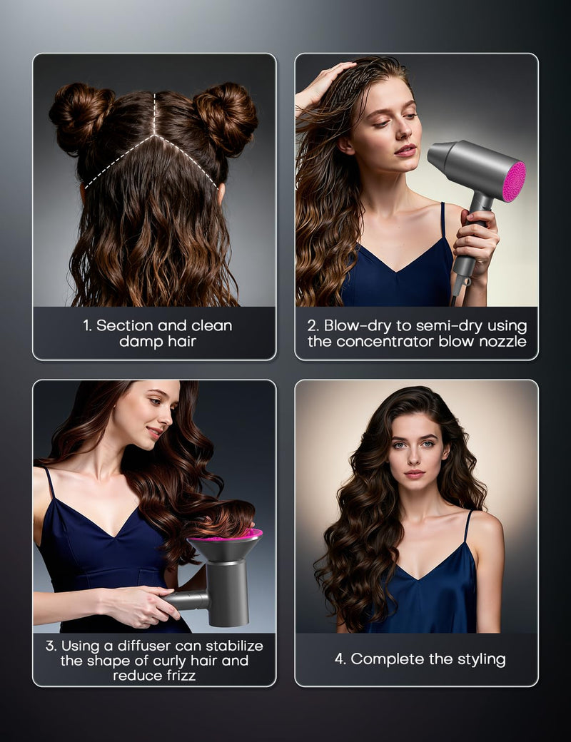 1800W Foldable Ionic Hair Dryer with Diffuser for Women & Men, Light Gray | 2 speed & 3 Heat Setting, Diffsuer & Concentrator for curly hair, Professional Blow Dryer, 100 Millions Negative ion