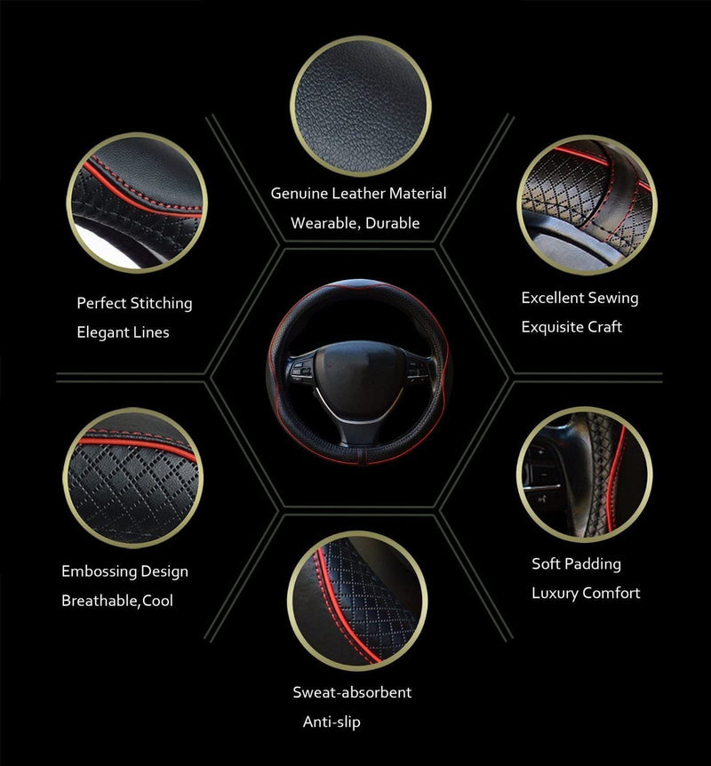 Car Steering Wheel Cover, Anti-Slip, Safety, Soft, Breathable, Heavy Duty, Thick, Full Surround, Sports Style (Black with Red line) Black with Red line