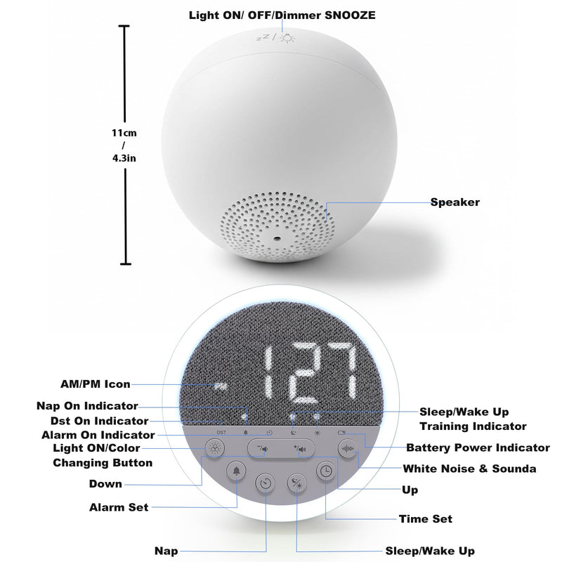 Sunrise Alarm Clock and Sound Machine Nightlight Adjustable Brightness, Rechargeable Wake Up Light Digital, Sleep Timer, Sleep Sounds, White Noise for Baby Kids Adults, Nature Soft Light for Bedroom Grey Height-10cm