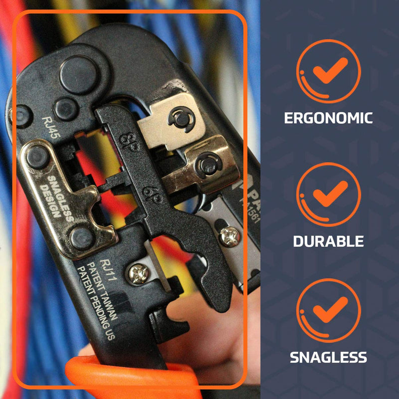 Paladin Tools PA1561 Professional Data Cable Crimper | Cut & Strip CAT5 CAT5E CAT6 | RJ45 RJ11 RJ12 RJ22 | POE Ethernet (Professional Grade)