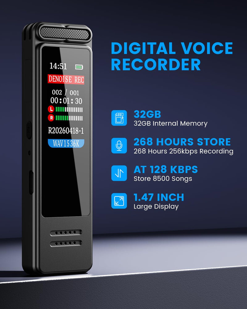Digital Voice Recorder, Portable Audio Recorder with Built-in Speaker, Voice Activated, WAV, A-B Repeat & Password Protection – Ideal for Meetings, Lectures & Interviews