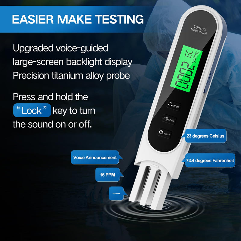 2026 Drinking Water Tester; Digital TDS Meter with Voice Announcement of Test Results; Suitable for Aquariums, Household Distilled Water, and Pool Water Testing Kits (White) White