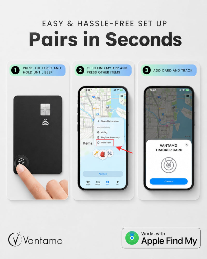 Vantamo Ultra-Thin Wallet Tracker Card, Apple MFi Certified, IP68 Waterproof Bluetooth Smart Card Wallet Tracker & Passport, Works with Apple Find My, Wireless Charging, iOS Only Credit Card without Pattern