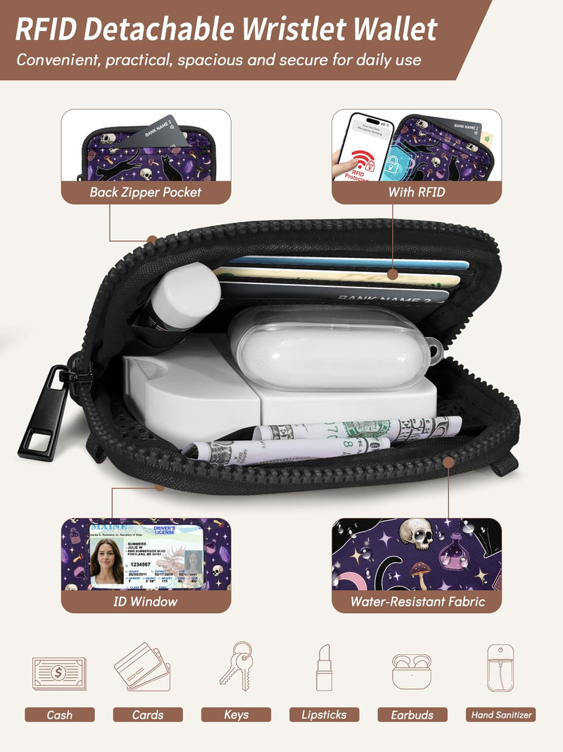 Clip and Go Strap for Phone with Wallet Crossbody Lanyard Goth Cat | Adjustable, Detachable RFID Wristlet Wallet, Cell Phone Wrist Strap, Travel Cruise, Key Zipper Card Purse, Women Teacher Gift Cats Skull Medium