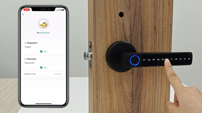 ETEKJOY Smart Door Lever Lock 4-in-1 App+Fingerprint+Passcode+Key Left/Right Reversible Handle Keyless Entry Auto Lock Knob Home Office Hotel Apartment Bedroom (Black with App) Black with App