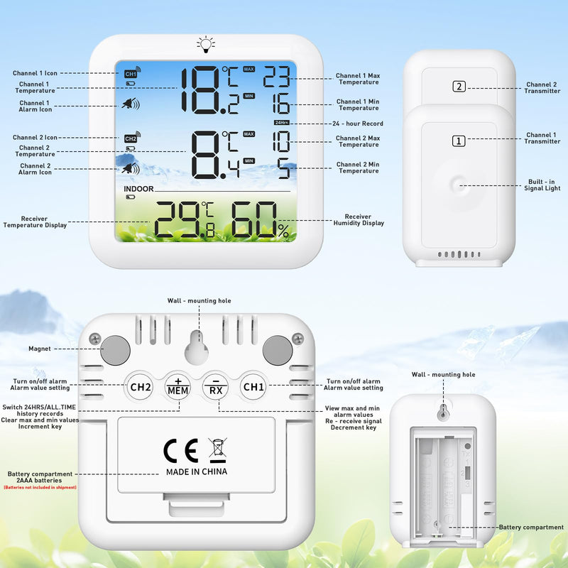 Wireless Freezer Alarm – Freezer Temperature Alarm with Remote Alert, 330FT Range, Backlit Display, 24H Max/Min, Indoor & Outdoor Monitoring
